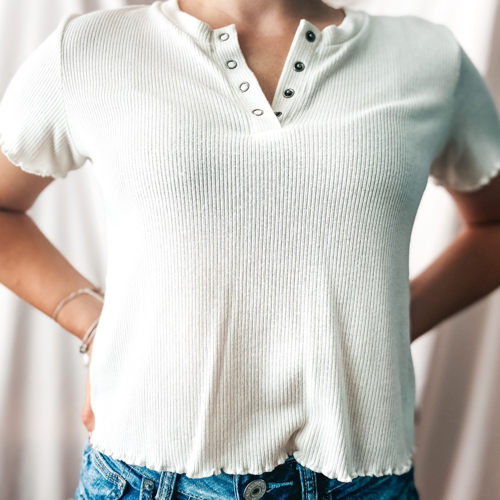 White quarter button down crop top